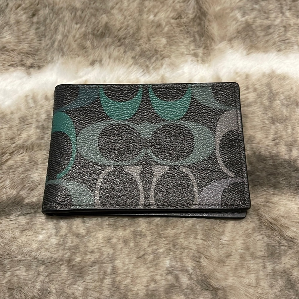 COACH Men’s Passcase Wallet insert In Rainbow Signature Canvas-Graphite Green